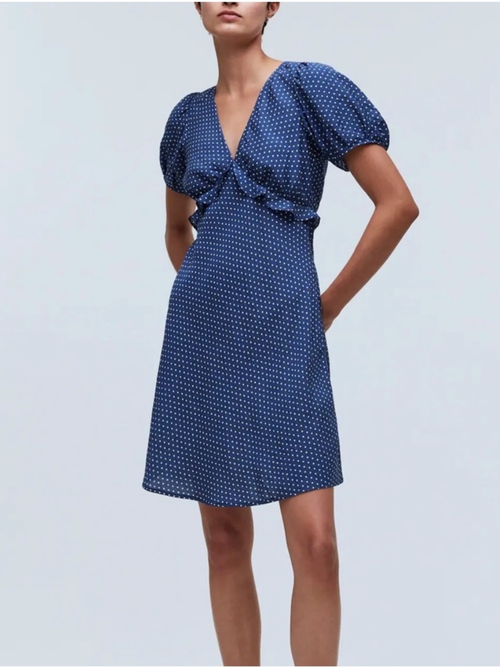 Madewell Blue Polka Dot Puff Sleeve V Neck Dress | 4
